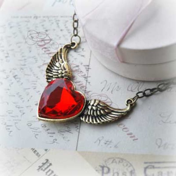 Heart with Wings Necklace Red Crystal - Picture 5 of 7